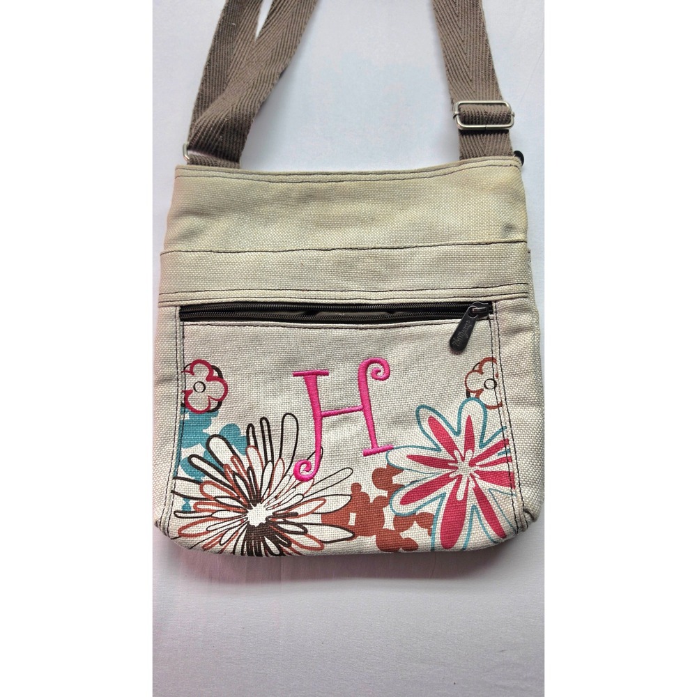 Thirty-One Canvas Floral Crossbody Bag Embroidered Letter H Cream Brown Small
